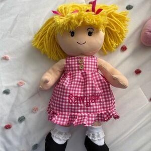 Pink Gingham Doll with Yellow Hair - personalized with the name “Sawyer”